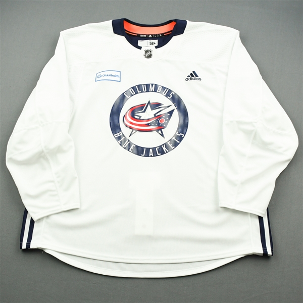 adidas<br>White Practice Jersey w/ OhioHealth Patch <br>Columbus Blue Jackets 2018-19<br> Size: 58+