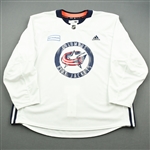 adidas<br>White Practice Jersey w/ OhioHealth Patch <br>Columbus Blue Jackets 2018-19<br> Size: 58+