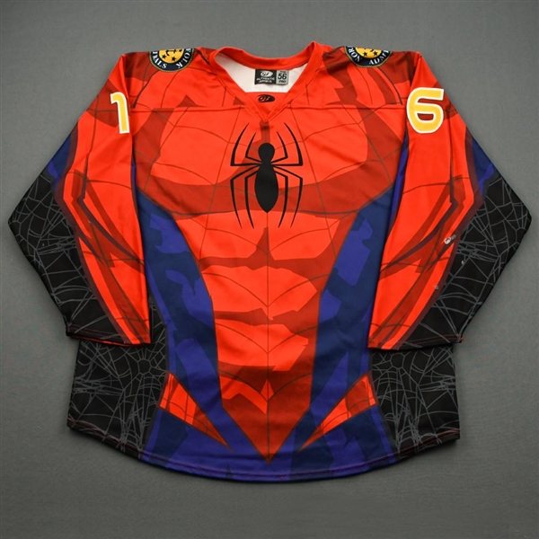 Sakeld, Ryan<br>MARVEL Spider-Man w/Socks - Worn November 30, 2019 vs. Jacksonville Icemen<br>Norfolk Admirals 2019-20<br>#16 Size: 56