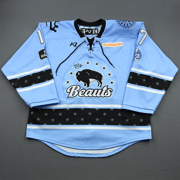 MacPherson, Cassidy<br>Blue Lake Placid Set w/ Isobel Cup & End Racism Patch<br>Buffalo Beauts 2020-21<br>#17 Size:  LG