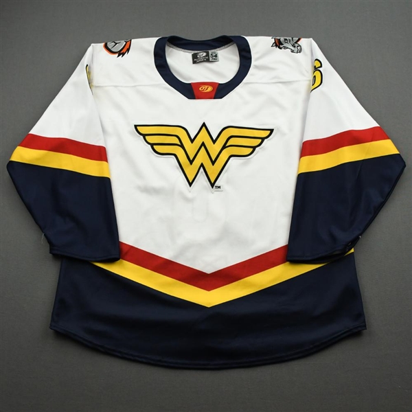 Robbins, Brendan<br>DC Wonder Wonder Woman Game-Worn w/Socks - April 23, 2021 vs. Wichita Thunder<br>Kansas City Mavericks 2020-21<br>#6 Size: 54