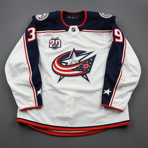 Angle, Tyler<br>White Set 1 w/ 20th Anniversary Patch - Game-Issued (GI)<br>Columbus Blue Jackets 2020-21<br>#39 Size: 56