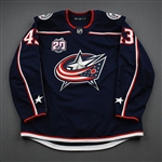 Bayreuther, Gavin<br>Blue Set 1 w/ 20th Anniversary Patch - Training Camp Only<br>Columbus Blue Jackets 2020-21<br>#43 Size: 56