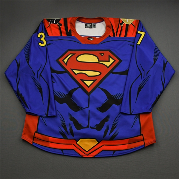 Doherty, Tim<br>DC Superman Game-Worn w/Socks - June 4, 2021 vs. Indy Fuel<br>Wheeling Nailers 2020-21<br>#37 Size: 56