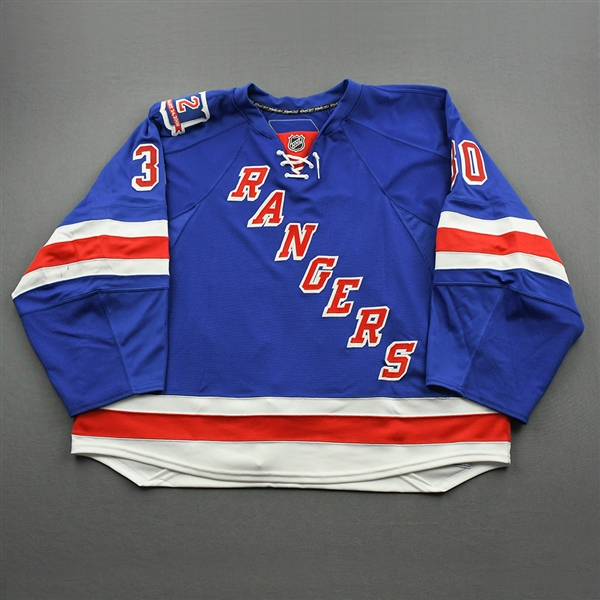 Lundqvist, Henrik *<br>Blue - Brian Leetch Night w/ #2 Patch 1/24/08<br>New York Rangers 2007-08<br>#30 Size: 58G