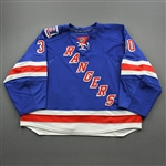 Lundqvist, Henrik *<br>Blue - Brian Leetch Night w/ #2 Patch 1/24/08<br>New York Rangers 2007-08<br>#30 Size: 58G