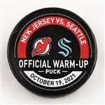 New Jersey Devils Warmup Puck<br>October 19, 2021 vs. Seattle Kraken - Warm-Up Used Puck<br>New Jersey Devils 2021-22<br>