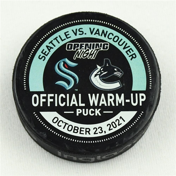 Seattle Kraken Warmup Puck<br>October 23, 2021 vs. Vancouver Canucks - Morning Skate Used Puck<br>Seattle Kraken 2021-22<br> 