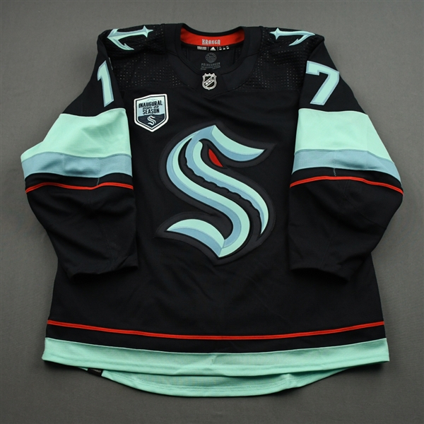 Schwartz, Jaden<br>Blue First Game in Climate Pledge Arena History w/ Inaugural Season Patch - October 23, 2021 - 2nd Period Only<br>Seattle Kraken 2021-22<br>#17 Size: 54