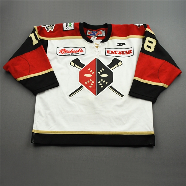 Kushneriuk, Chris *<br>White Set 1 w/ 20th Anniversary Patch<br>Wheeling Nailers 2011-12<br>#18 Size: 56