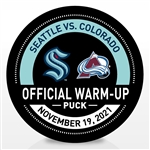 Seattle Kraken Warmup Puck<br>November 19, 2021 vs. Colorado Avalanche - Morning Skate Used Puck<br>Seattle Kraken 2021-22<br>