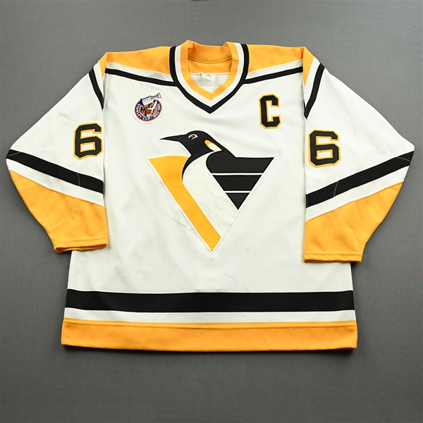 Lemieux, Mario *<br>White w/C, w/ 100th Anniversary of the Stanley Cup Patch - Video-Matched to Stanley Cup Playoffs<br>Pittsburgh Penguins 1992-93<br>#66 Size: 54