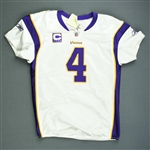 Favre, Brett *<br>White w/C - worn 1/24/10 vs. Saints - NFC Championship - 2nd half only - Autographed and Inscribed - Photo-Matched <br>Minnesota Vikings 2009<br>#4 Size: 48 Q