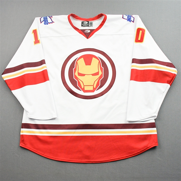 Brice, Raymond<br>MARVEL Iron Man w/Socks - Worn January 29, 2022 @ Iowa Heartlanders<br>Kalamazoo Wings 2021-22<br>#10 Size: 56