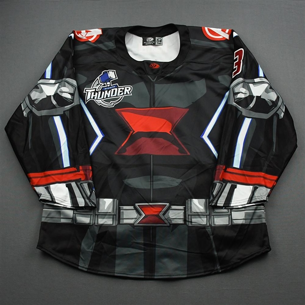 McCourt, Riley<br>MARVEL Black Widow - Game Worn w/Socks - May 2, 2021 @ Allen Americans<br>Wichita Thunder 2020-21<br>#3 Size: 54