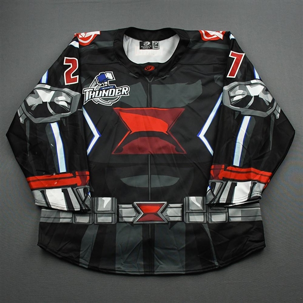 Schmitz, Garrett<br>MARVEL Black Widow - Game Worn w/Socks - May 2, 2021 @ Allen Americans<br>Wichita Thunder 2020-21<br>#27 Size: 54