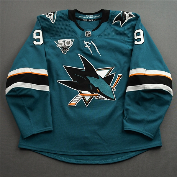 Kane, Evander *<br>Teal w/ 30th Anniversary Patch - Photo-Matched<br>San Jose Sharks 2020-21<br>#9 Size: 56