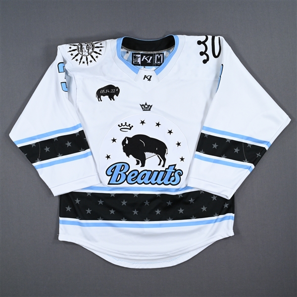 Budde, Amy<br>White Set 1 w/ May 14 Patch - Game-Issued (GI)<br>Buffalo Beauts 2022-23<br>3 Size: MD