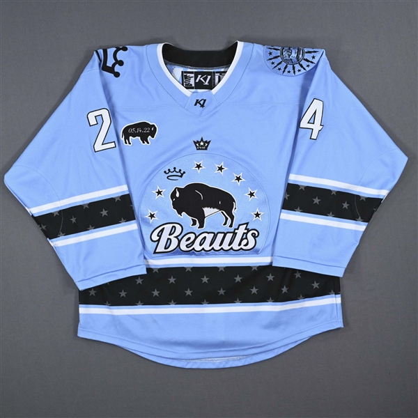 Diffendal, Anjelica<br>Blue Set 1 w/ May 14 Patch<br>Buffalo Beauts 2022-23<br>24 Size: LG