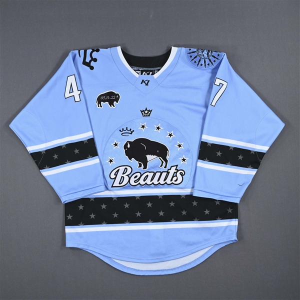 Healey, Jessica<br>Blue Set 1 w/ May 14 Patch<br>Buffalo Beauts 2022-23<br>#47 Size: MD