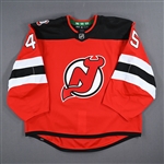 Bernier, Jonathan<br> Red Set 1 w/ 40th Anniversary Patch - Game-Issued (GI)<br>New Jersey Devils 2022-23<br> #45 Size: 58G