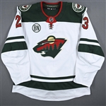 Brown, J.T. *<br>White Set 1 w/Bob Naegele Jr. Memorial Patch - Photo-Matched<br>Minnesota Wild 2018-19<br>#23 Size: 56