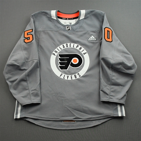 Atkinson, Cam *<br>Gray - Lou Nolan 50 Years - Warmup Only 4/9/22<br>Philadelphia Flyers 2021-22<br>#50 Size: 52