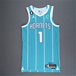 Ball, LaMelo<br>Teal Icon Edition - Worn 2 Games - (2/15/23, 2/27/23) (Recorded a Triple-Double)<br>Charlotte Hornets 2022-23<br>#1 Size: 44+4