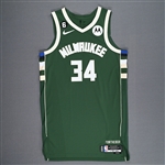 Antetokounmpo, Giannis<br>Green Icon Edition - Worn 1/27/2023 - 1 of 2 (Recorded a Double-Double)<br>Milwaukee Bucks 2022-23<br>#34 Size: 48+6