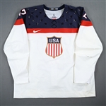 Backes, David *<br>White, Sochi Olympics, 2-13-14 vs. Slovakia (Warm-up and 1st Period)<br>Team USA Hockey 2014<br>#42 Size: 62