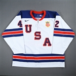 Backes, David *<br>White Throwback, Sochi Olympics 2-16-14 vs. Slovenia (Warm -up and 1st Period)<br>Team USA Hockey 2014<br>#42 Size: 58