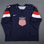 van Riemsdyk, James *<br>Blue, Sochi Olympics 2-22-14 vs. Finland, Bronze Medal Game<br>Team USA Hockey 2014<br>#21 Size: 60