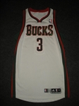 Jennings, Brandon<br>White Regular Season - 2/13/13 - Photo-Matched to 1 Game - Worn 1 Game (2/13/12)<br>Milwaukee Bucks 2012-13<br>#3 Size: M+2