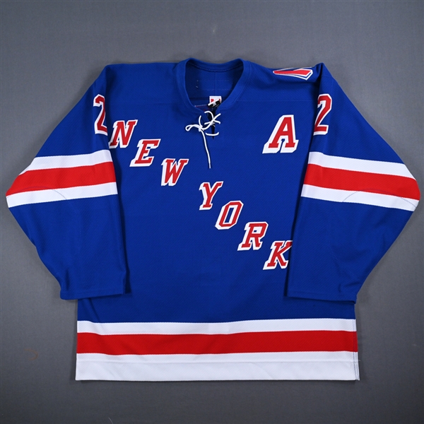 Leetch, Brian *<br>Blue NEW YORK w/A & 9/11 Ribbon - Worn October 7, 2001 - Video-Matched to 2nd Period - Autographed<br>New York Rangers 2001-02<br>#2 Size: 56