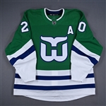 Aho, Sebastian *<br>Green "Whalers" 2nd Set - Worn March 26, 2023 vs. Boston Bruins<br>Carolina Hurricanes 2022-23<br>#20 Size: 56